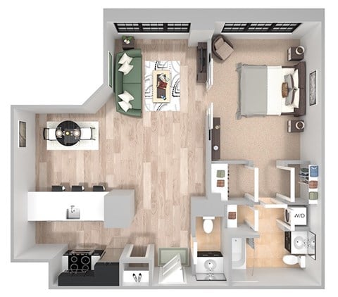 Floor plan for 1 bed, 1.5 baths, 790 sqft